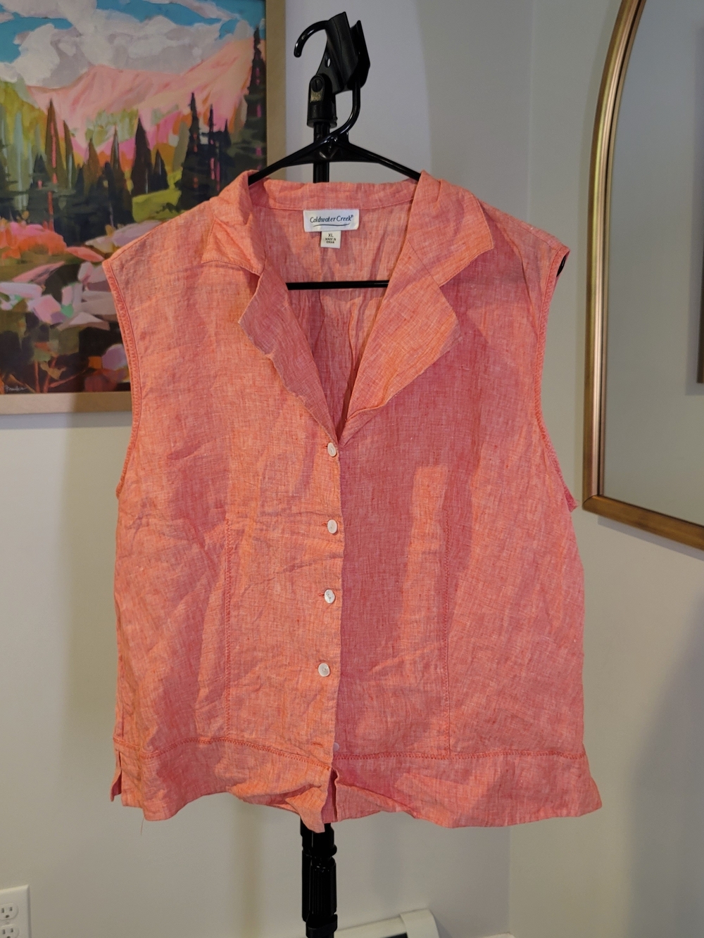 COLDWATER CREEK 100% Linen  Sleeveless Button Up Shirt Orange Coral Size XL